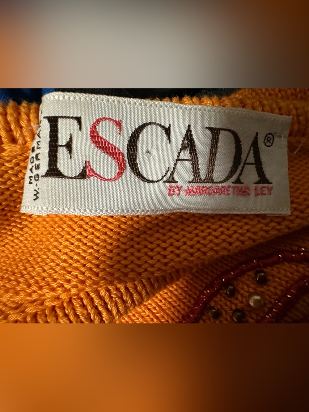 Escada Vintage Orange, Red & Brown Floral Embroidered Beaded Crewneck Sweater - Picture 11 of 12